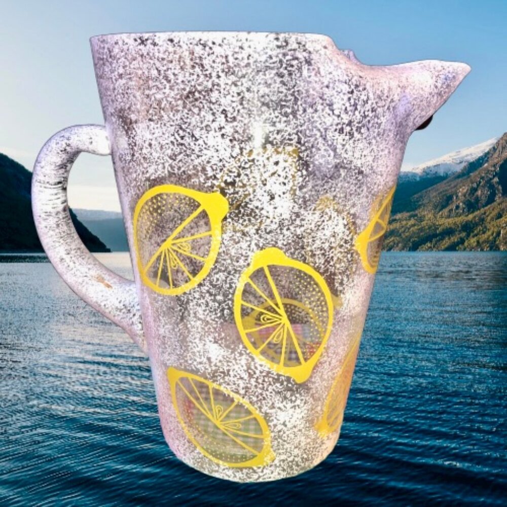 Vintage Glass Large Pitcher Frosted Lemons Pouring LIP Water Lemonade Ice Tea